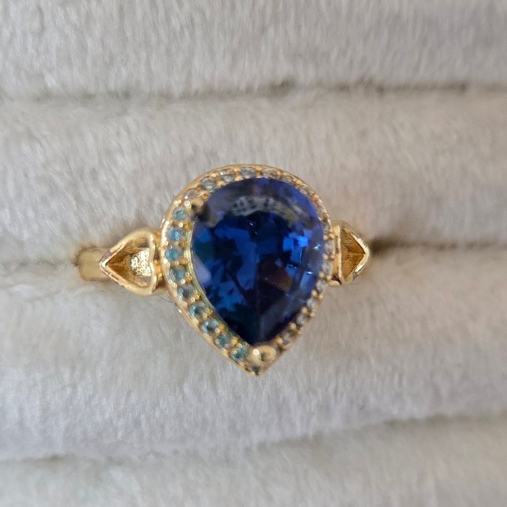 Teardrop Sapphire Blue Ring | Gold Tone Halo Ring | Pear Cut adjustable Ring